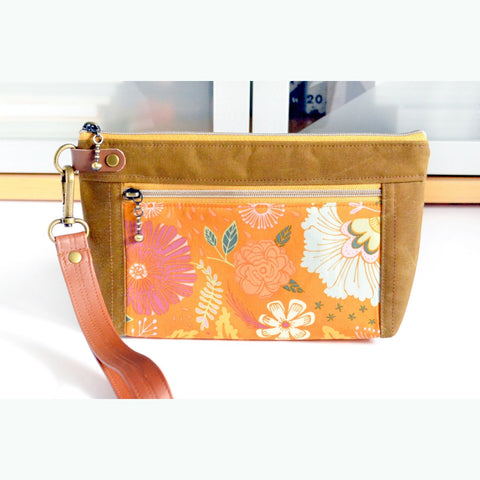 Orange Floral Double-Zip Wristlet