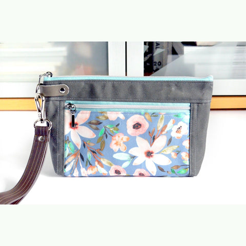 Grey Floral Double-Zip Wristlet